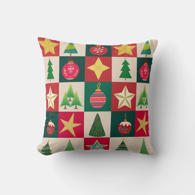 Trees Ornaments and Stars Throw Pillow (Front)