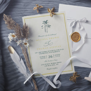 Trees Palm Coastal Drift Beach Elegant Wedding Invitation