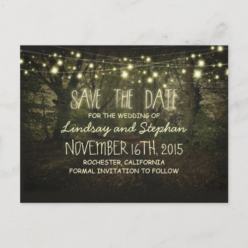 trees path romantic string lights save the date announcement postcard