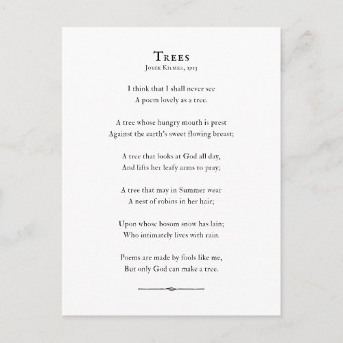 Trees Poem by Kilmer inspirational poetry Postcard