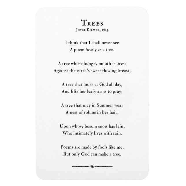 Trees Poem by Kilmer, inspirational poetry quote Magnet (Vertical)