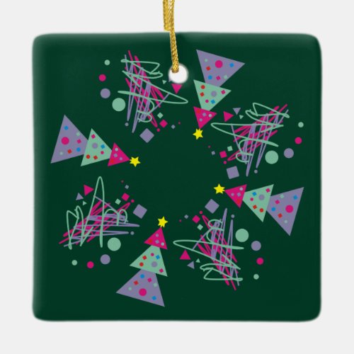 Trees Purple Pink Teal Shapes Green Red Christmas  Ceramic Ornament