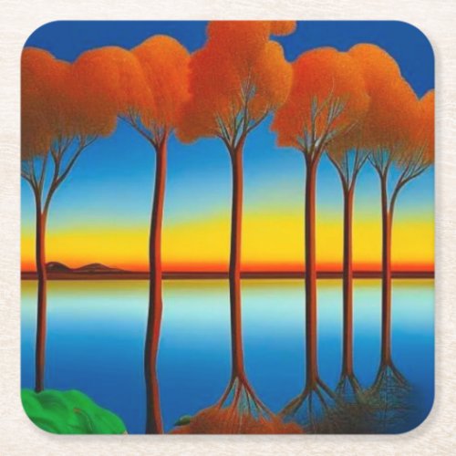 Trees reflected at sunset square paper coaster