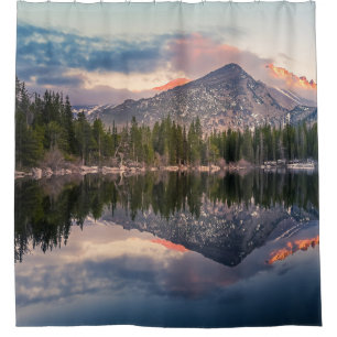 TREES REFLECTING ON CALM LAKE SHOWER CURTAIN
