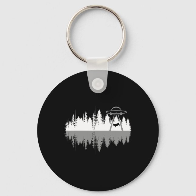 Trees Reflection Spaceship Alien Abduction Of Cow  Keychain (Front)