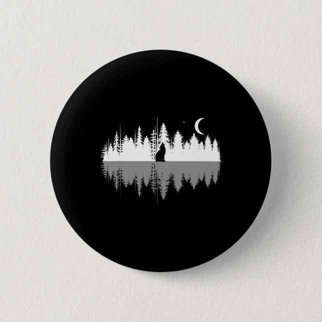 Trees Reflection Wolf Howling At Full Moon Forest  Button (Front)