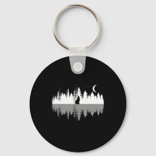 Trees Reflection Wolf Howling At Full Moon Forest Keychain