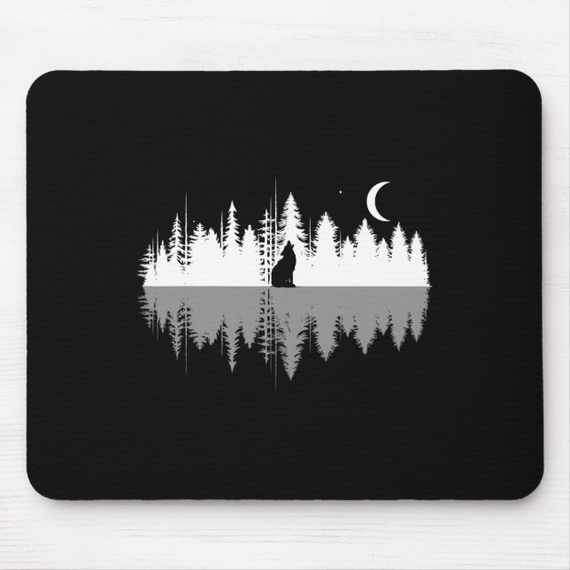 Trees Reflection Wolf Howling At Full Moon Forest  Mouse Pad (Front)