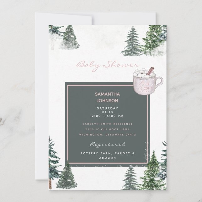 Trees & Snow Pink Baby It's Cold Outside Shower In Invitation (Front)