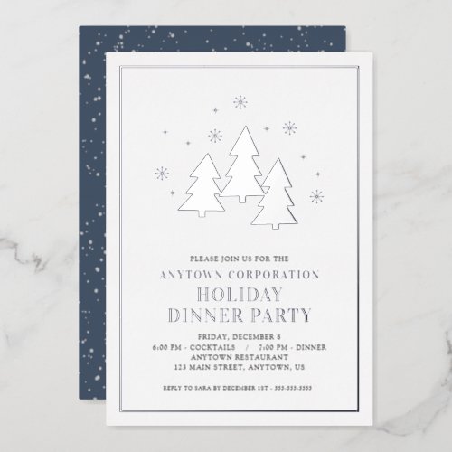 Trees Snowflakes Silver Foil Holiday Dinner Party  Foil Invitation