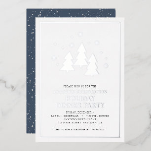 Trees Snowflakes Silver Foil Holiday Dinner Party  Invitation