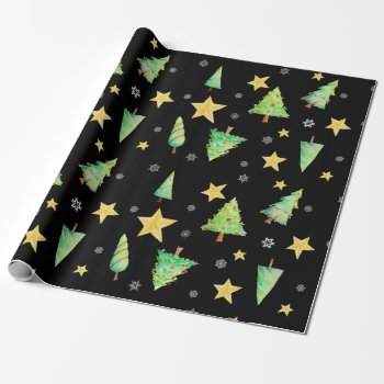 Trees Stars And Snowflakes On Black  Gift Wrapping Paper by XmasFun at Zazzle