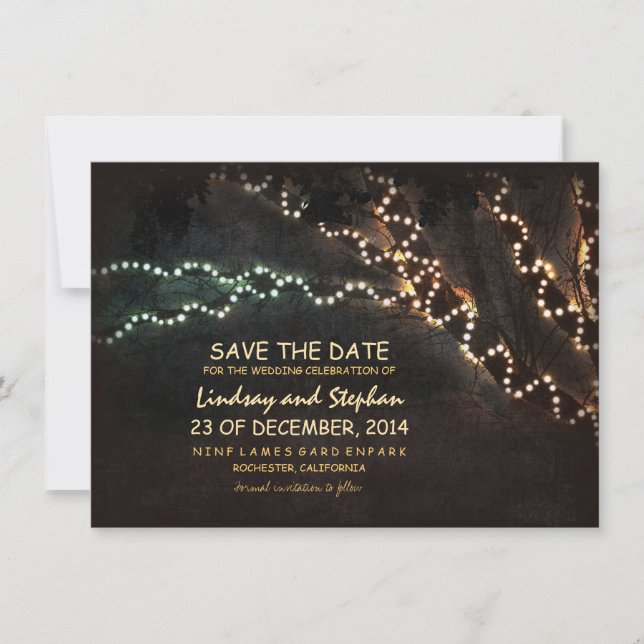 Trees & string of lights rustic save the date card (Front)