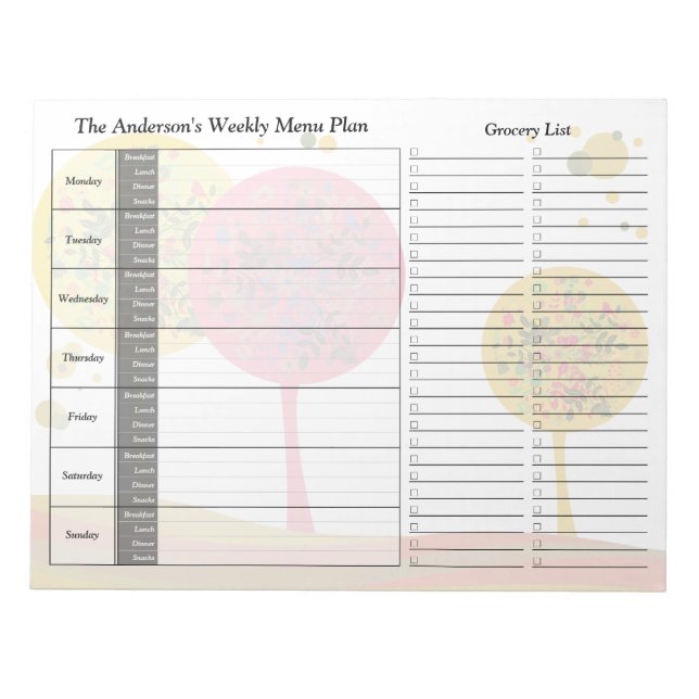 Trees Weekly Personalized Menu Plan Notepad (Front)