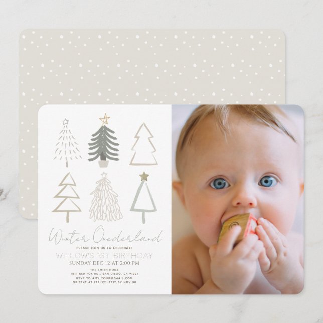 Trees Winter Onederland 1st Birthday Photo Invitat Invitation (Front/Back)