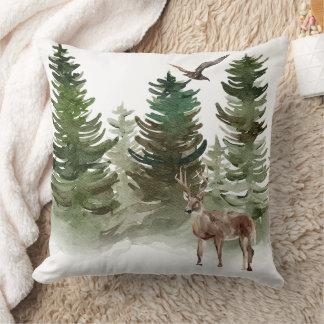 Trees with a deer  and a bird  throw pillow