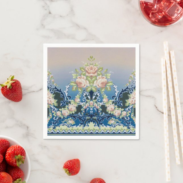Trellis Midnight Blue Pink White Bouquets Dessert Napkins (Insitu)