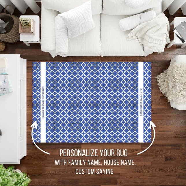 Trellis Pattern Personalized Name Text Blue White  Rug (Creator Uploaded)