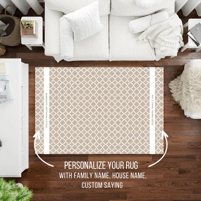 Text On Rug Trellis Pattern Personalized Name Text Tan White Rug | Zazzle