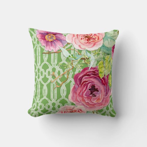 Trellis Pattern Secret Garden Peony n Rose Floral Throw Pillow