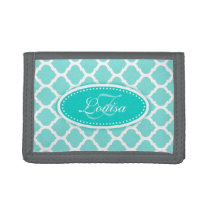 Trellis patterned aqua mint add your name trifold wallet Trellis patterned aqua mint add your name trifold wallet