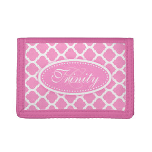 Trellis patterned pink add your name tri-fold wallet