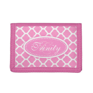 Trellis patterned pink add your name tri-fold wallet