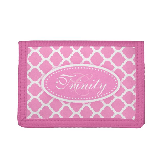 Trellis patterned pink add your name tri-fold wallet (Front)