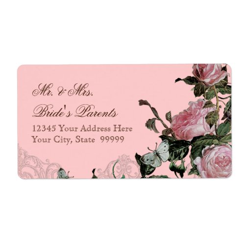 Trellis Rose Vintage Pink Roses Butterfly Swirls Label