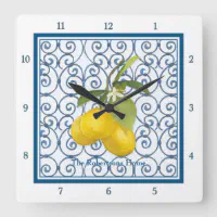 Cute Monogram Lemons on Light Blue Numbered Square Wall Clock