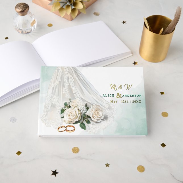 Trenby Bride Veil Green Wedding Foil Guest Book (Front Open)
