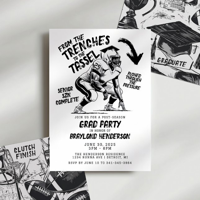 Trenches to The Tassel Lineman Football Grad Party Invitation (Football Lineman Graduation Invitation. Lineman Football Invitation. )