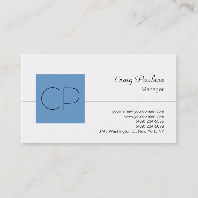 Trend Blue Monogram Classical Script Business Card (Front)