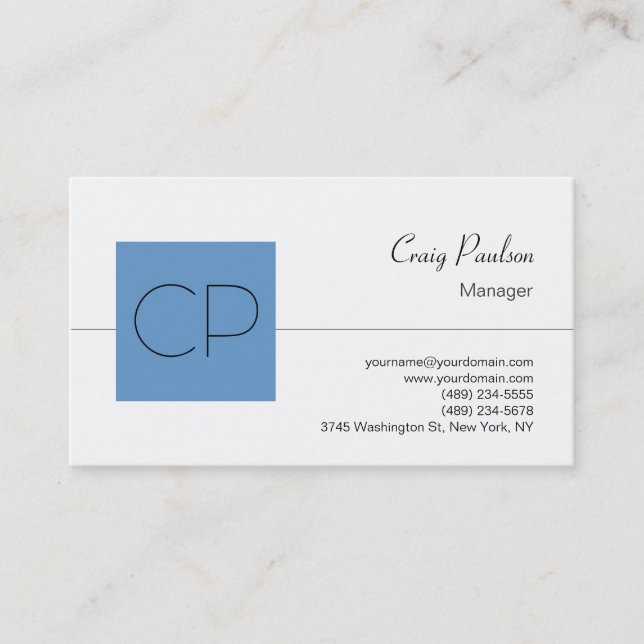 Trend Blue Stripe Monogram White Business Card (Front)