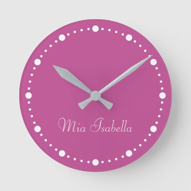 Trend Color Berry Pink White Dots Name Round Clock (Front)
