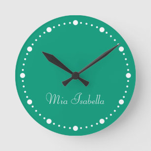 Trend Color Jade Green White Dots Name Round Clock