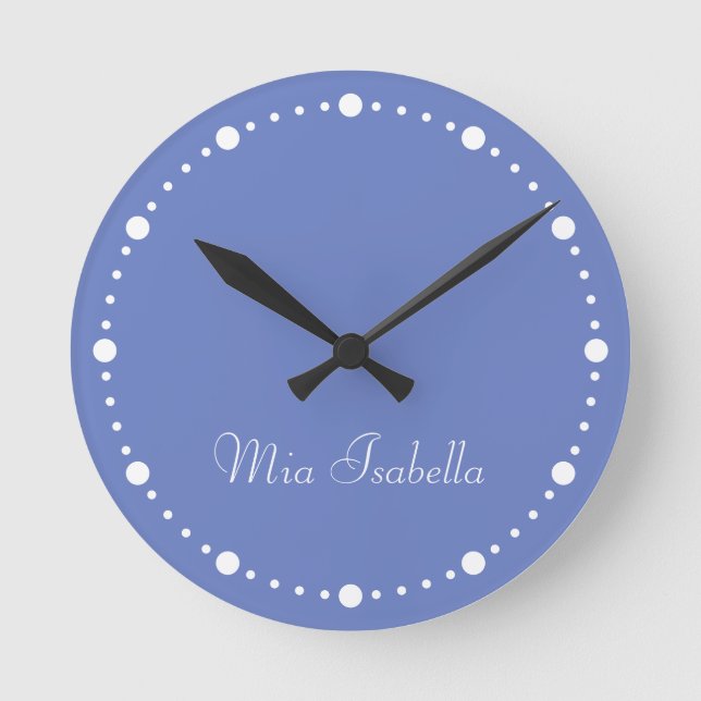 Trend Color Jewel Blue White Dots Name Round Clock (Front)