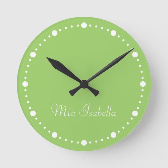 Trend Color Kiwi Green White Dots Name Round Clock (Front)