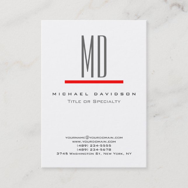 Trend Gray Monogram White Red Chubby Business Card (Front)