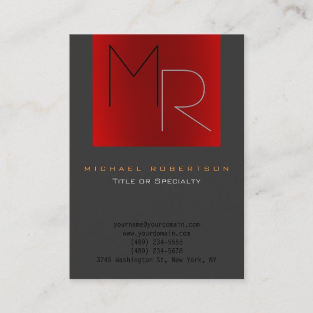 Trend Gray Red Unique Monogram Plain Business Card (Front)