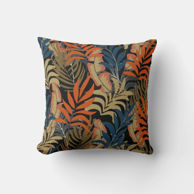 Trend Tropical Pattern Orange Blue Plants Leaves Throw Pillow (Front)