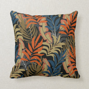 Trend Tropical Pattern Orange Blue Plants Leaves Throw Pillow