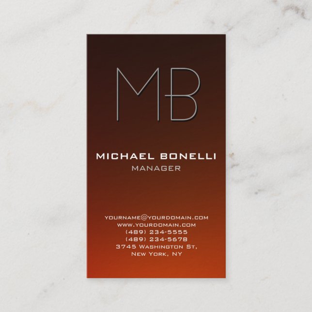 Trend vertical brown orange monogram business card (Front)