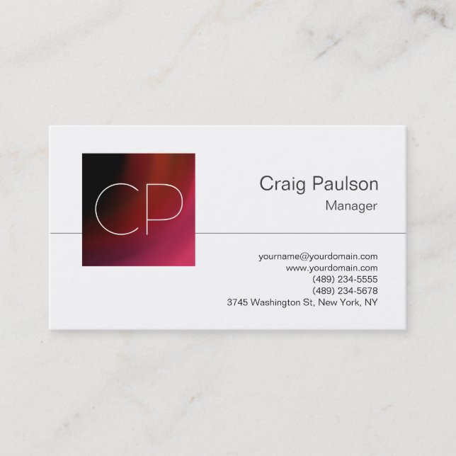 Trend White Red Pink Purple Monogram Business Card (Front)