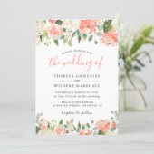 Trending Coral and Peach Watercolor Floral Wedding Invitation (Standing Front)