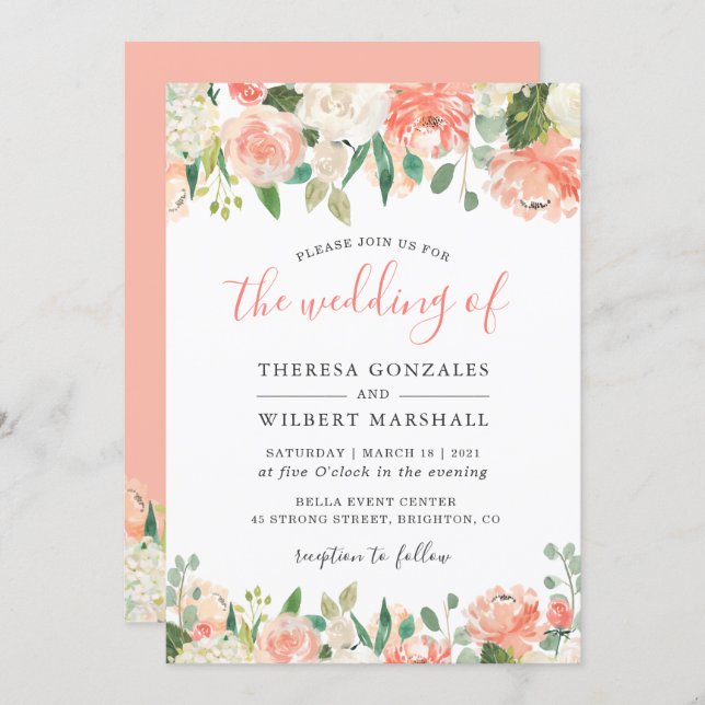 Trending Coral and Peach Watercolor Floral Wedding Invitation (Front/Back)