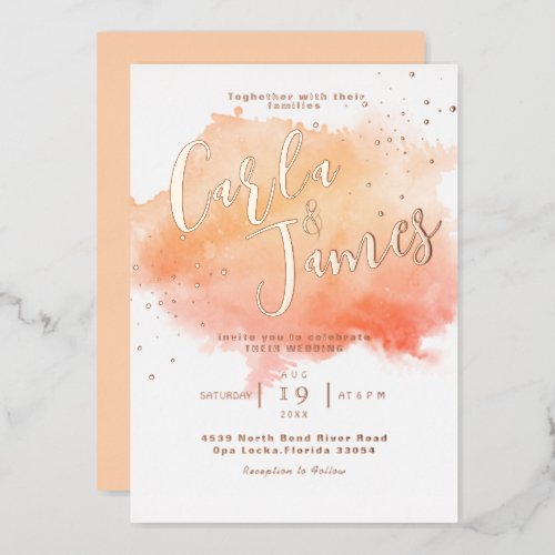 Trending Coral and Peach Watercolor wedding Foil Invitation