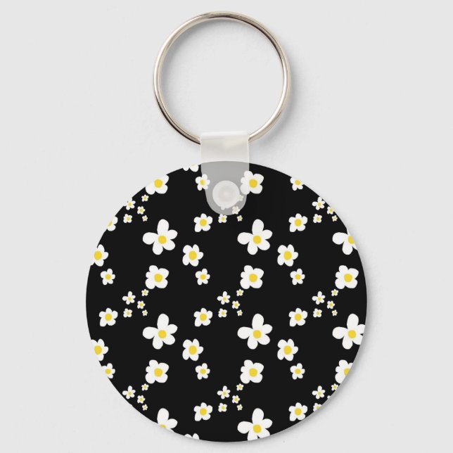 Trending daisy pattern black yellow white, modern keychain (Front)