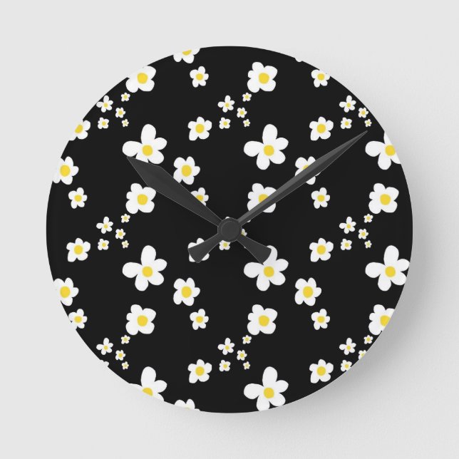 Trending daisy pattern black yellow white, modern round clock (Front)