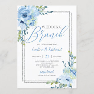 Trending dusty blue floral silver frame wedding invitation